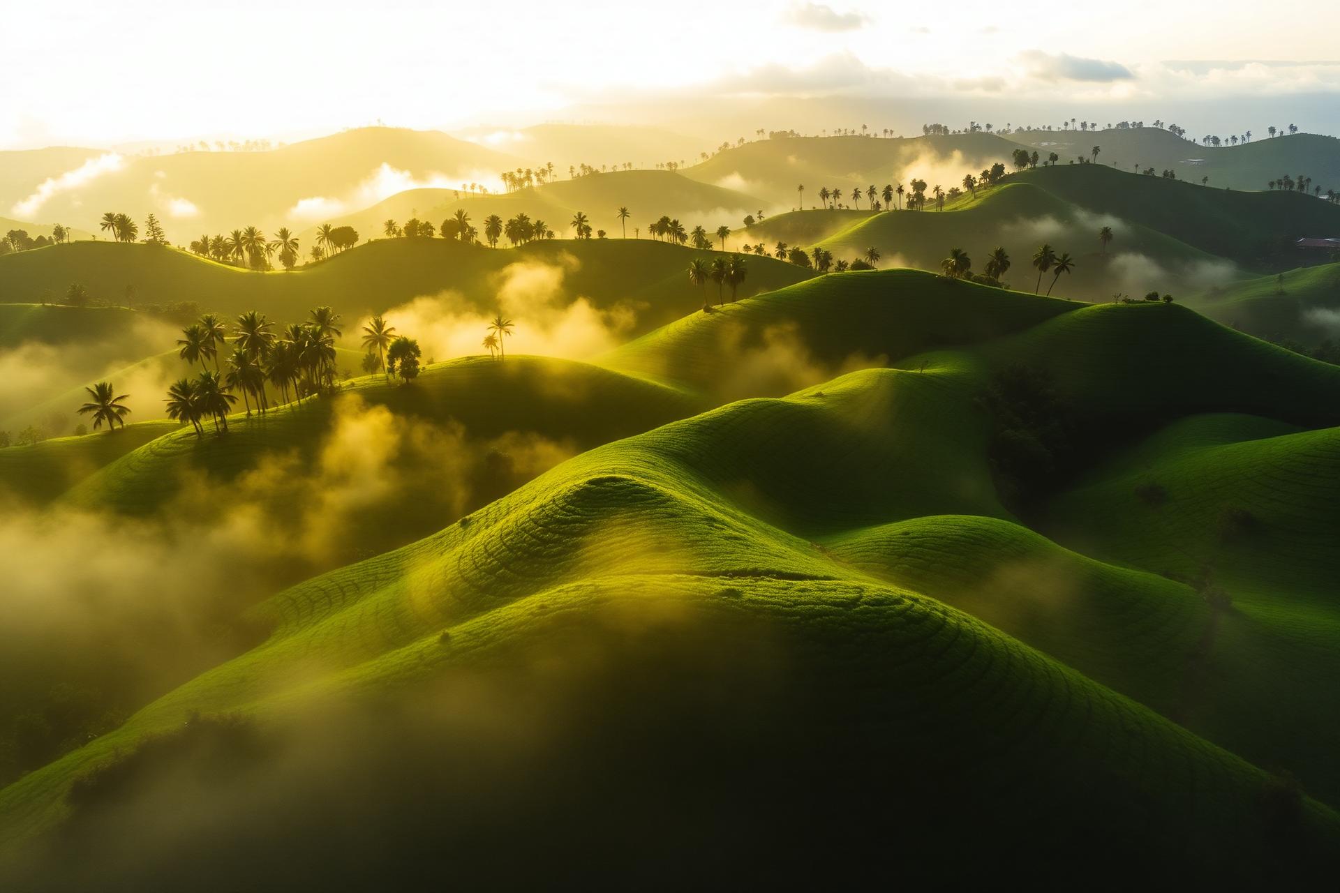 Misty tea highlands of Sri Lanka at golden hour